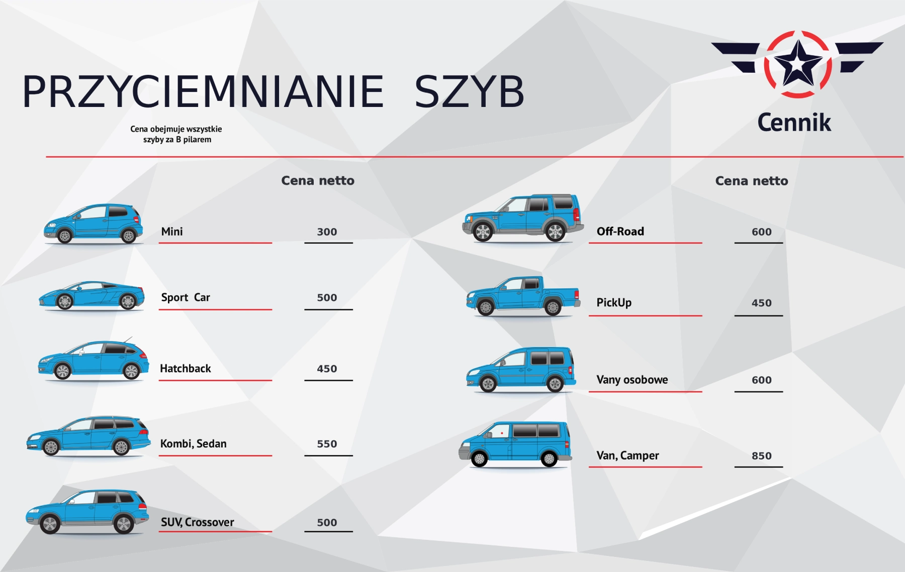 cennik przyciemniania szyb w samochodach